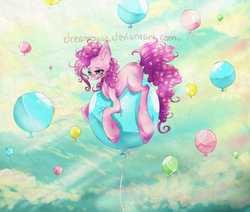 Size: 2600x2200 | Tagged: safe, artist:chocori, pinkie pie, earth pony, pony, g4, alternate hairstyle, balloon, cloud, cloudy, female, solo, that pony sure does love balloons, then watch her balloons lift her up to the sky