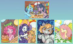 Size: 800x491 | Tagged: safe, artist:sukeile, angel bunny, applejack, derpy hooves, fluttershy, gummy, pinkie pie, rainbow dash, rarity, spike, twilight sparkle, earth pony, pegasus, pony, rabbit, unicorn, g4, alternate hairstyle, apple, book, cupcake, daring do book, female, food, lesbian, mane seven, mare, reading, ship:rarijack, shipping