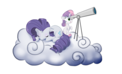 Size: 3307x2000 | Tagged: dead source, safe, artist:hereticofdune, rarity, sweetie belle, pony, unicorn, g4, cloud, duo, duo female, female, filly, foal, mare, siblings, simple background, sisters, sleeping, telescope, transparent background