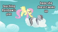 Size: 634x352 | Tagged: safe, edit, edited screencap, screencap, fluttershy, rainbow dash, g4, the return of harmony, butt, butt touch, cloud, cloudy, discorded, female, hoof on butt, image macro, lesbian, personal space invasion, pervert, plot, ship:flutterdash, shipping, sleeping, somnophilia, touch
