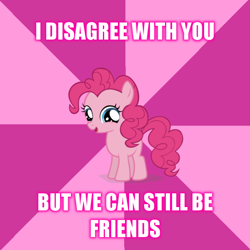Size: 600x600 | Tagged: safe, pinkie pie, earth pony, pony, g4, advice meme, disagreement friends, female, filly, image macro, looking at you, open mouth, open smile, reaction image, smiling, smiling at you, solo