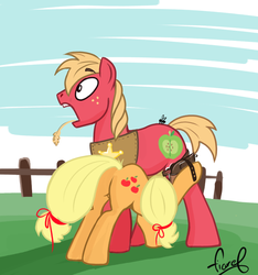 Size: 891x951 | Tagged: safe, artist:fiarel, applejack, big macintosh, earth pony, fly, pony, g4, applebutt, brother and sister, butt, clothes, engrish in the description, female, holster, male, not what it looks like, personal space invasion, plot, sheriff's badge, siblings, stallion, straw in mouth, surprised, vest, wide eyes