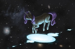 Size: 3000x1964 | Tagged: safe, artist:qsteel, rarity, pony, unicorn, g4, dark, glowing, realistic, solo, space, surreal