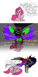 Size: 599x1200 | Tagged: safe, artist:mickeymonster, king sombra, pinkie pie, earth pony, pony, unicorn, g4, comic, emotional abuse, feels, female, greatest fear, male, mare, mind rape, pinkamena diane pie, sombra eyes, stallion, you monster