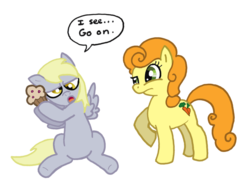 Size: 800x581 | Tagged: artist needed, safe, carrot top, derpy hooves, golden harvest, earth pony, pegasus, pony, g4, duo, duo female, female, mare, muffin, simple background, transparent background