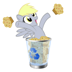 Size: 800x800 | Tagged: source needed, safe, derpy hooves, pegasus, pony, g4, basket, female, mare, microsoft windows, muffin, recycle bin, simple background, solo, transparent background