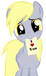 Size: 800x1300 | Tagged: safe, artist:krellyan, edit, derpy hooves, pegasus, pony, g4, c:, cute, derpabetes, female, head tilt, heart, lidded eyes, looking at you, mare, mouth hold, note, simple background, smiling, solo, text, transparent background, underp, valentine, vector