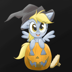 Size: 1280x1280 | Tagged: safe, artist:steffy-beff, edit, derpy hooves, pegasus, pony, g4, dark background, female, halloween, hat, jack-o-lantern, mare, pumpkin, solo, witch, witch hat