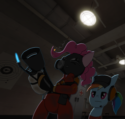 Size: 1600x1531 | Tagged: safe, artist:angrycaboose, pinkie pie, rainbow dash, g4, crossover, pyro (tf2), scout (tf2), team fortress 2