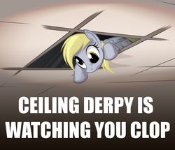 Size: 1220x1050 | Tagged: safe, artist:mysticalpha, edit, derpy hooves, pegasus, pony, g4, ceiling pony, female, image macro, mare, meme