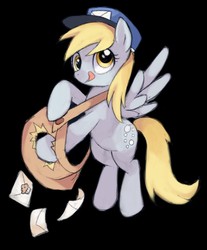 Size: 838x1011 | Tagged: safe, artist:suikuzu, derpy hooves, pegasus, pony, g4, female, hat, mail, mailbag, mare, solo, tongue out