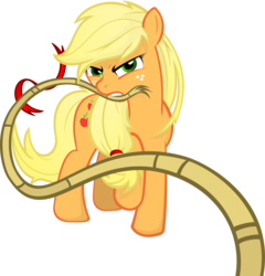 Size: 3100x3223 | Tagged: safe, artist:godoffury, applejack, earth pony, pony, g4, female, hatless, loose hair, mare, missing accessory, mouth hold, rope, serious face, simple background, solo, transparent background, vector