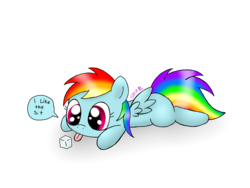 Size: 2800x2100 | Tagged: safe, artist:spice5400, rainbow dash, pony, fanfic:my little dashie, rainbow dash presents, g4, cute, dashabetes, female, filly, filly rainbow dash, hnnng, licking, prone, solo, sugarcube, tongue out, younger