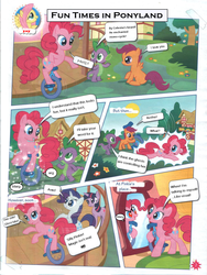 Size: 1200x1600 | Tagged: safe, artist:limeylassen, edit, fluttershy, pinkie pie, rarity, scootaloo, spike, twilight sparkle, dragon, earth pony, unicorn, comic:a bright idea, g4, german comic, female, filly, foal, funtimes in ponyland, horn, male, sitting, tail, unicorn twilight, wat