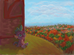 Size: 4000x3000 | Tagged: safe, artist:chocolatesun, spike, dragon, g4, forest background, male, sad, sitting, solo