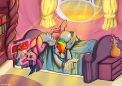 Size: 1280x905 | Tagged: safe, artist:reaperfox, rainbow dash, twilight sparkle, g4, bed, book, comic book, female, golden oaks library, lesbian, reading, ship:twidash, shipping, sunlight