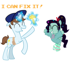 Size: 1055x881 | Tagged: safe, artist:alisonwonderland1951, pegasus, pony, unicorn, fix-it felix jr., hammer, magic, ponified, sugar rush, vanellope von schweetz, wreck-it ralph