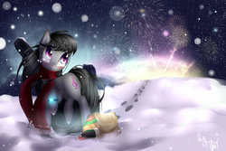 Size: 5000x3333 | Tagged: safe, artist:vardastouch, octavia melody, earth pony, pony, g4, absurd resolution, female, fireworks, snow, snowfall, solo