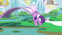 Size: 384x216 | Tagged: safe, screencap, twilight sparkle, pony, g4, the crystal empire, animated, bipedal, female, glowing horn, horn, hub logo, singing, solo, teleportation, the failure song