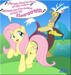 Size: 1024x1081 | Tagged: safe, artist:blue-paint-sea, discord, fluttershy, draconequus, pegasus, pony, g4, keep calm and flutter on, duo, female, male, mare, rankin-bass, rankin/bass, santa claus is comin' to town, singing