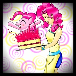 Size: 1540x1548 | Tagged: safe, artist:davidvega123, pinkie pie, human, g4, cake, humanized, popping out of a cake, surprise cake