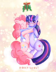 Size: 774x1000 | Tagged: safe, artist:charmyamber, pinkie pie, twilight sparkle, g4, blushing, clothes, female, heart, holly, holly mistaken for mistletoe, lesbian, scarf, shared clothing, shared scarf, ship:twinkie, shipping