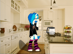 Size: 1669x1251 | Tagged: safe, artist:jaxstern256, artist:zedrin, dj pon-3, vinyl scratch, anthro, g4, bed mane, clothes, female, irl, kitchen, morning ponies, nightgown, photo, ponies in real life, socks, solo, striped socks