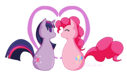 Size: 830x481 | Tagged: safe, artist:daikaluff, pinkie pie, twilight sparkle, g4, eyes closed, female, lesbian, ship:twinkie, shipping