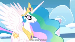 Size: 1176x662 | Tagged: safe, screencap, princess celestia, pony, g4, sonic rainboom (episode), adventure in the comments, female, solo, youtube caption