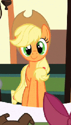 Size: 240x420 | Tagged: safe, screencap, apple bloom, applejack, winona, earth pony, pony, g4, season 2, the last roundup, animated, bow, c:, cute, female, filly, hair bow, headbob, jackabetes, looking at you, mare, metronome, pendulum, smiling, solo focus, sway