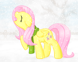 Size: 1500x1200 | Tagged: safe, artist:stardustxiii, fluttershy, pony, g4, clothes, cute, eyes closed, female, floppy ears, scarf, smiling, snow, snowfall, solo