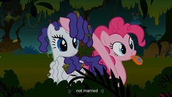 Size: 1176x662 | Tagged: safe, screencap, pinkie pie, rarity, bridle gossip, g4, hairity, spitty pie, youtube caption