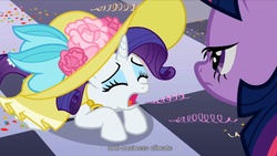 Size: 1176x662 | Tagged: safe, screencap, rarity, twilight sparkle, g4, sweet and elite, youtube caption