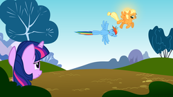 Size: 1280x720 | Tagged: safe, artist:navitaserussirus, applejack, rainbow dash, twilight sparkle, pegasus, pony, unicorn, g4, female, flapplejack, lesbian, mare, race swap, ship:appledash, shipping, sparkles experiments, unicorn twilight