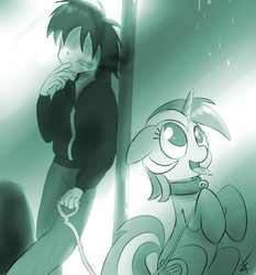 Size: 845x905 | Tagged: safe, artist:crade, lyra heartstrings, human, g4, cigarette, collar, leash, pet, pony pet, rain, tongue out