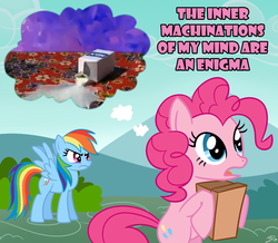 Size: 1378x1200 | Tagged: safe, artist:jackiephantom13, pinkie pie, rainbow dash, g4, exploitable meme, milk, parody, spilled milk, spongebob squarepants, the inner machinations of my mind are an enigma, the secret box, thought bubble