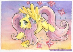 Size: 688x496 | Tagged: safe, artist:jayelle-anderson, fluttershy, butterfly, g4, flower, traditional art