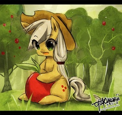 Size: 755x711 | Tagged: dead source, safe, artist:otakurarii, applejack, earth pony, pony, g4, apple, female, obligatory apple, sitting, solo, tree, watermark