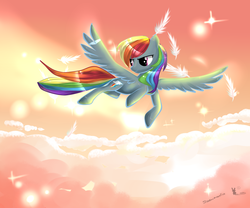 Size: 3000x2500 | Tagged: safe, artist:aquagalaxy, rainbow dash, pony, g4, cloud, cloudy, feather, female, flying, solo, wallpaper