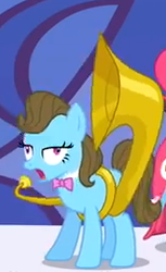 Size: 160x262 | Tagged: safe, screencap, beauty brass, pony, g4, the best night ever, background pony, bowtie, cropped, derp, female, mare, musical instrument, open mouth, out of context, picture for breezies, solo