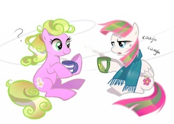 Size: 700x500 | Tagged: safe, artist:author-chan, blossomforth, daisy, flower wishes, earth pony, pegasus, pony, g4, clothes, scarf, tea, windswept mane