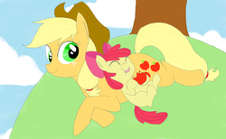 Size: 915x564 | Tagged: safe, artist:dcsheep, apple bloom, applejack, earth pony, pony, g4, apple, eating, female, filly, food, mare, pony pillow