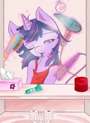 Size: 680x926 | Tagged: safe, artist:mlle-honey, twilight sparkle, anthro, g4, bathroom, brush, brushie, clothes, hair dryer, magic, mirror, morning ponies, perfume, toothbrush