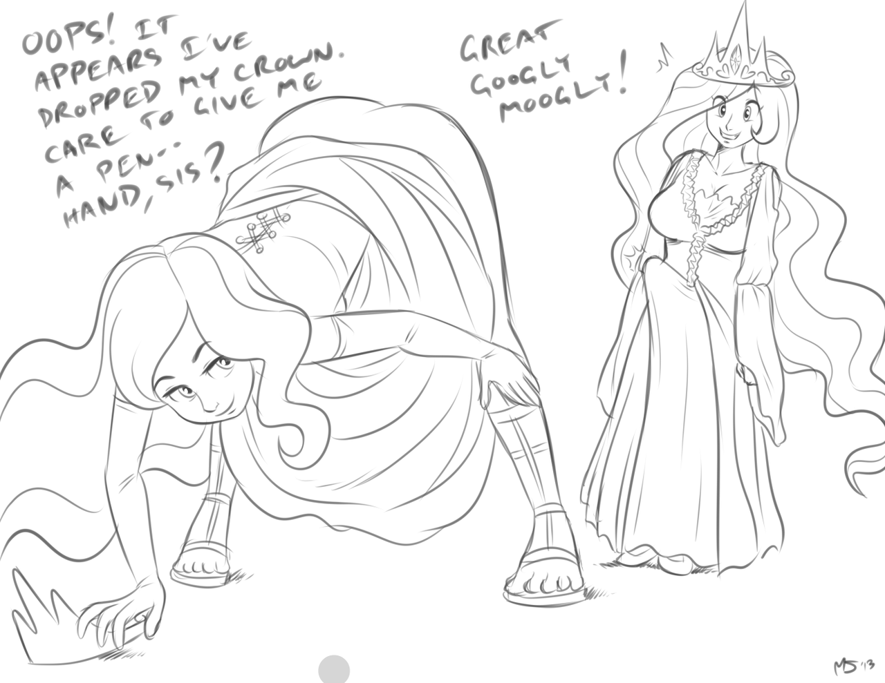 212886 - suggestive, artist:megasweet, princess celestia, princess luna,  human, g4, bent over, black and white, breasts, clothes, commando, crotch  bulge, crown, dialogue, dress, erection, eyes on the prize, futa, futa  princess celestia,