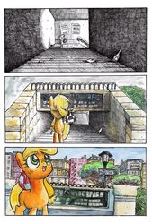 Size: 4764x7047 | Tagged: safe, artist:smellslikebeer, applejack, g4, absurd resolution, comic, crosshatch, filly, ink, manehattan, partial color, traditional art