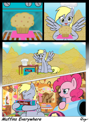 Size: 1200x1650 | Tagged: safe, artist:tikyotheenigma, derpy hooves, pinkie pie, earth pony, pegasus, pony, g4, comic, crossover, cupcake, easy bake, female, food, mare, muffin, party cannon