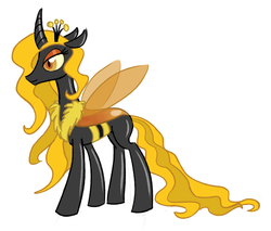 Size: 677x578 | Tagged: safe, artist:starlight-gaze, oc, oc only, oc:queen nectara, beeling, bumblebee, changeling, changeling queen, original species, changeling queen oc, female, holeless, lidded eyes, nectara, queen, simple background, smiling, solo, white background, yellow changeling