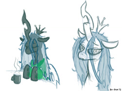 Size: 900x675 | Tagged: safe, artist:aa, queen chrysalis, changeling, changeling queen, g4, coffee, female, messy mane, morning ponies