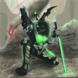 Size: 2000x2000 | Tagged: safe, artist:tattertailart, queen chrysalis, changeling, changeling queen, anthro, g4, female, future, gun, powered exoskeleton, sword