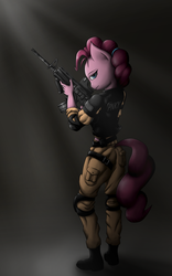 Size: 1800x2880 | Tagged: safe, artist:tenart, pinkie pie, earth pony, anthro, g4, ar-15, gun, picatinny rail, reflex sight, rifle, trijicon, weapon